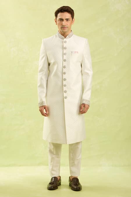 Arihant Rai Sinha_Off White Embroidery Jacquard Banarasi Silk Sherwani Set _at_Aza_Fashions