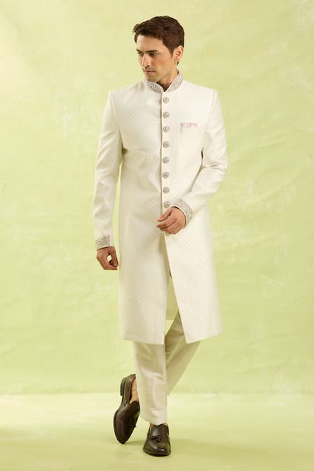Buy_Arihant Rai Sinha_Off White Embroidery Jacquard Banarasi Silk Sherwani Set 