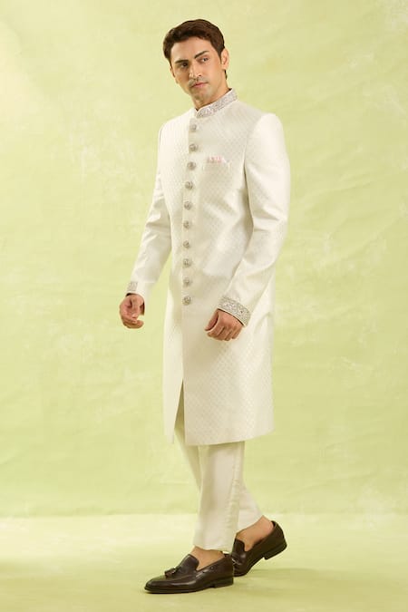 Shop_Arihant Rai Sinha_Off White Embroidery Jacquard Banarasi Silk Sherwani Set 