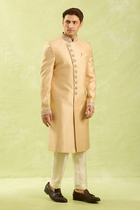 Arihant Rai Sinha Gold Embroidery Jacquard Banarasi Silk Sherwani Set Online at Aza Fashions Arihant Rai Sinha_Gold Embroidery Jacquard Banarasi Silk Sherwani Set _Online_at_Aza_Fashions