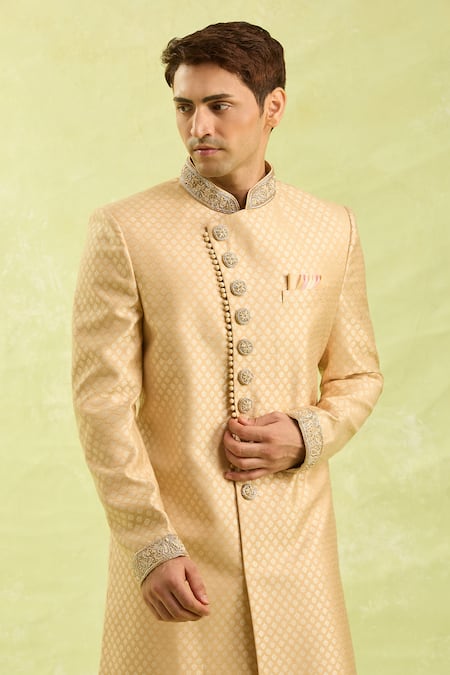Buy Arihant Rai Sinha Gold Embroidery Jacquard Banarasi Silk Sherwani Set Online at Aza Fashions Buy_Arihant Rai Sinha_Gold Embroidery Jacquard Banarasi Silk Sherwani Set _Online_at_Aza_Fashions