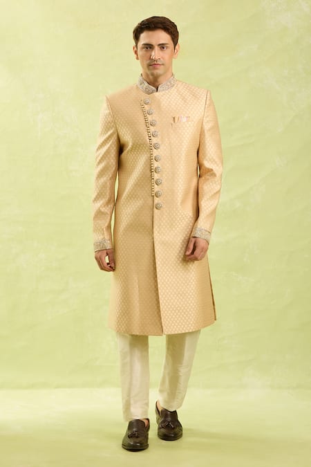 Shop Arihant Rai Sinha Gold Embroidery Jacquard Banarasi Silk Sherwani Set Online at Aza Fashions Shop_Arihant Rai Sinha_Gold Embroidery Jacquard Banarasi Silk Sherwani Set _Online_at_Aza_Fashions