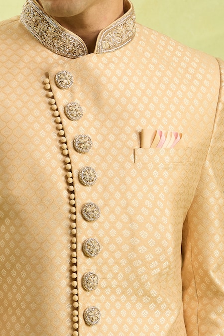 Arihant Rai Sinha Gold Embroidery Jacquard Banarasi Silk Sherwani Set at Aza Fashions Arihant Rai Sinha_Gold Embroidery Jacquard Banarasi Silk Sherwani Set _at_Aza_Fashions