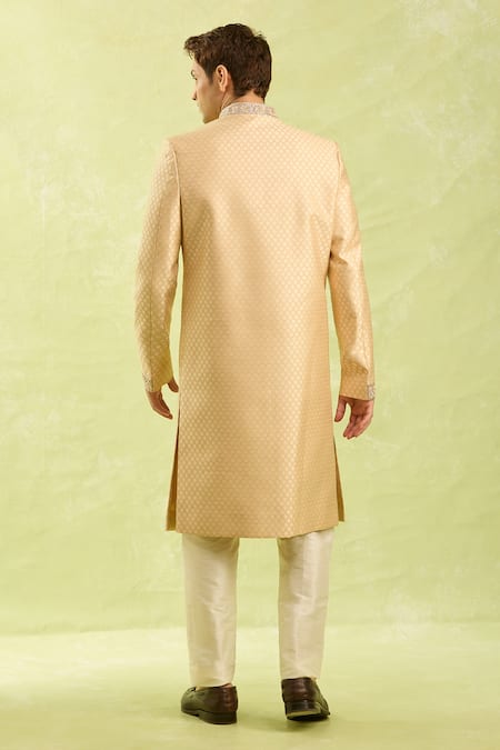 Shop Arihant Rai Sinha Gold Embroidery Jacquard Banarasi Silk Sherwani Set at Aza Fashions Shop_Arihant Rai Sinha_Gold Embroidery Jacquard Banarasi Silk Sherwani Set _at_Aza_Fashions