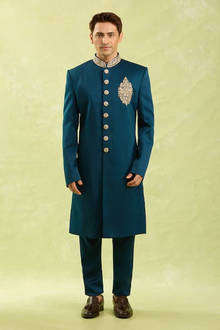 Arihant Rai Sinha Blue Embroidery Sherwani And Half Elastic Pant Set Online at Aza Fashions Arihant Rai Sinha_Blue Embroidery Sherwani And Half Elastic Pant Set _Online_at_Aza_Fashions