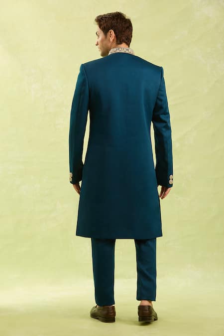 Shop Arihant Rai Sinha Blue Embroidery Sherwani And Half Elastic Pant Set at Aza Fashions Shop_Arihant Rai Sinha_Blue Embroidery Sherwani And Half Elastic Pant Set _at_Aza_Fashions
