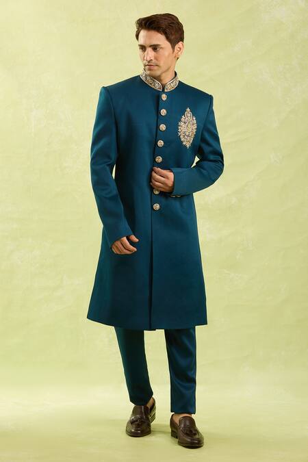Buy Arihant Rai Sinha Blue Embroidery Sherwani And Half Elastic Pant Set Online at Aza Fashions Buy_Arihant Rai Sinha_Blue Embroidery Sherwani And Half Elastic Pant Set _Online_at_Aza_Fashions