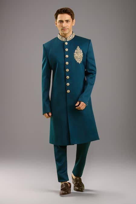 Arihant Rai Sinha Blue Sherwani & Half Elastic Pant Set 