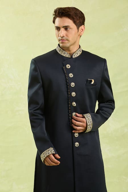 Shop_Arihant Rai Sinha_Blue Embroidery Sherwani With Half Elastic Pant _Online_at_Aza_Fashions