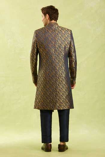 Shop Arihant Rai Sinha Blue Embroidery Jacquard Banarasi Sherwani Set at Aza Fashions Shop_Arihant Rai Sinha_Blue Embroidery Jacquard Banarasi Sherwani Set _at_Aza_Fashions