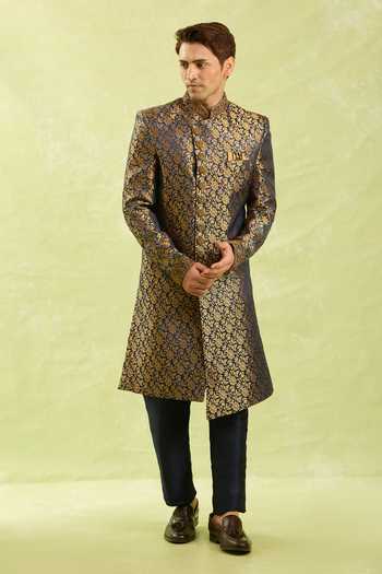 Shop Arihant Rai Sinha Blue Embroidery Jacquard Banarasi Sherwani Set Online at Aza Fashions Shop_Arihant Rai Sinha_Blue Embroidery Jacquard Banarasi Sherwani Set _Online_at_Aza_Fashions