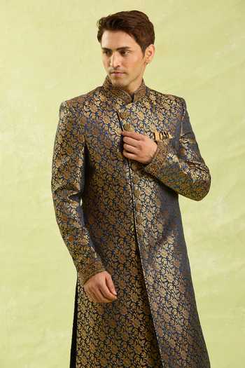 Arihant Rai Sinha Blue Embroidery Jacquard Banarasi Sherwani Set at Aza Fashions Arihant Rai Sinha_Blue Embroidery Jacquard Banarasi Sherwani Set _at_Aza_Fashions