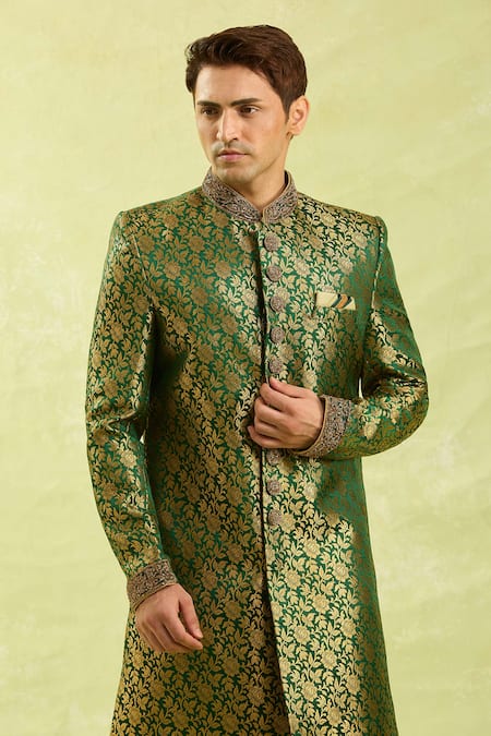 Arihant Rai Sinha_Green Embroidery Jacquard Banarasi Silk Sherwani Set _Online_at_Aza_Fashions