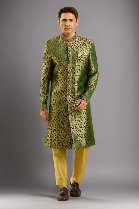 Arihant Rai Sinha Green Jacquard Banarasi Silk Sherwani Set 