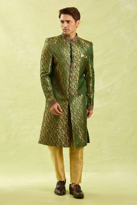 Buy_Arihant Rai Sinha_Green Embroidery Jacquard Banarasi Silk Sherwani Set _Online_at_Aza_Fashions