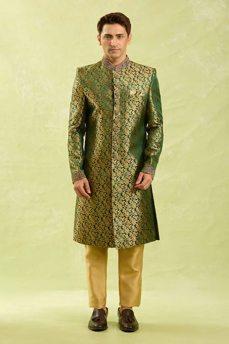 Shop_Arihant Rai Sinha_Green Embroidery Jacquard Banarasi Silk Sherwani Set _Online_at_Aza_Fashions