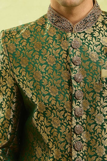Buy_Arihant Rai Sinha_Green Embroidery Jacquard Banarasi Silk Sherwani Set 