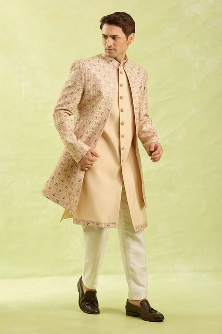 Shop_Arihant Rai Sinha_Beige Embroidery Patterned Sherwani And Pant Set _Online_at_Aza_Fashions