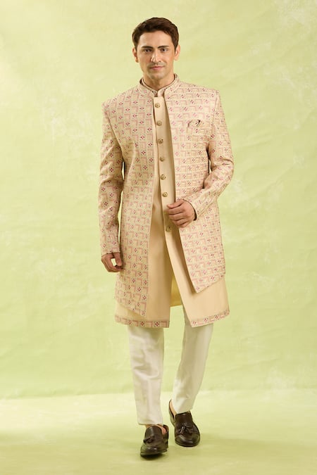 Arihant Rai Sinha_Beige Embroidery Patterned Sherwani And Pant Set _at_Aza_Fashions