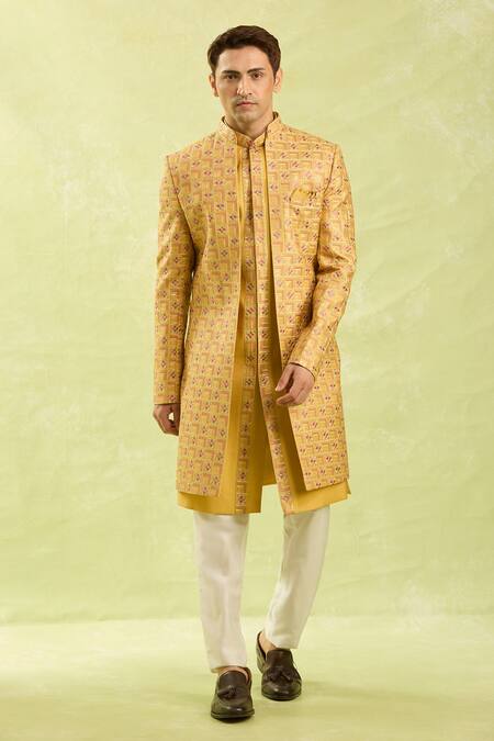 Arihant Rai Sinha_Mustard Silk, Dupion Embroidery Patterned Yellow Jacket Set_Online_at_Aza_Fashions