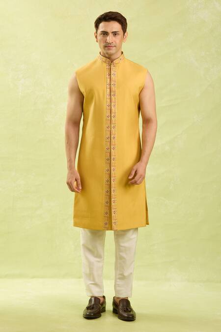 Buy_Arihant Rai Sinha_Mustard Silk, Dupion Embroidery Patterned Yellow Jacket Set_Online_at_Aza_Fashions