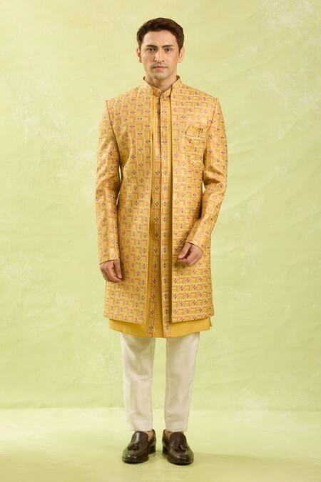 Shop_Arihant Rai Sinha_Mustard Silk, Dupion Embroidery Patterned Yellow Jacket Set_Online_at_Aza_Fashions