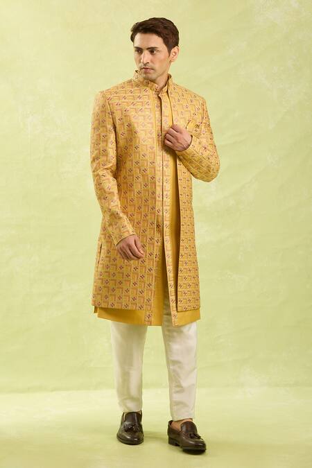 Arihant Rai Sinha_Mustard Silk, Dupion Embroidery Patterned Yellow Jacket Set_at_Aza_Fashions
