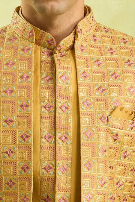 Shop_Arihant Rai Sinha_Mustard Silk, Dupion Embroidery Patterned Yellow Jacket Set