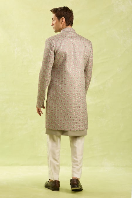 Shop Arihant Rai Sinha Gray Embroidery Grey Patterned 3 Piece Sherwani Set at Aza Fashions Shop_Arihant Rai Sinha_Gray Embroidery Grey Patterned 3 Piece Sherwani Set _at_Aza_Fashions