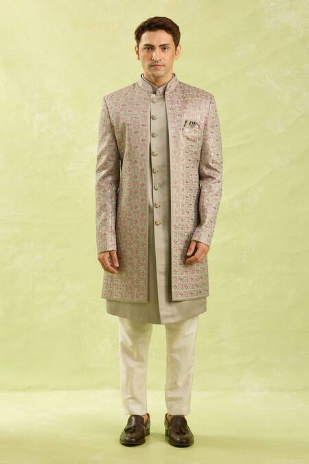 Arihant Rai Sinha Gray Embroidery Grey Patterned 3 Piece Sherwani Set Online at Aza Fashions Arihant Rai Sinha_Gray Embroidery Grey Patterned 3 Piece Sherwani Set _Online_at_Aza_Fashions