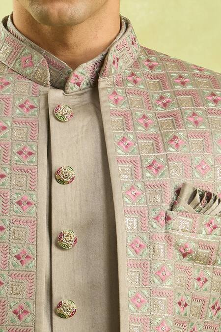 Shop Arihant Rai Sinha Gray Embroidery Grey Patterned 3 Piece Sherwani Set Online at Aza Fashions Shop_Arihant Rai Sinha_Gray Embroidery Grey Patterned 3 Piece Sherwani Set _Online_at_Aza_Fashions