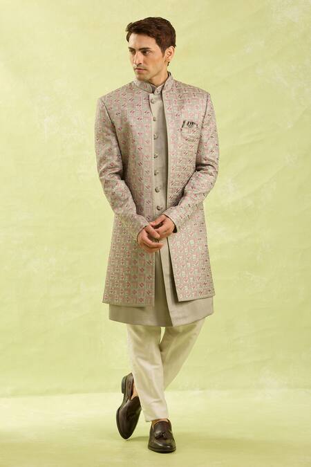 Arihant Rai Sinha Gray Embroidery Grey Patterned 3 Piece Sherwani Set at Aza Fashions Arihant Rai Sinha_Gray Embroidery Grey Patterned 3 Piece Sherwani Set _at_Aza_Fashions