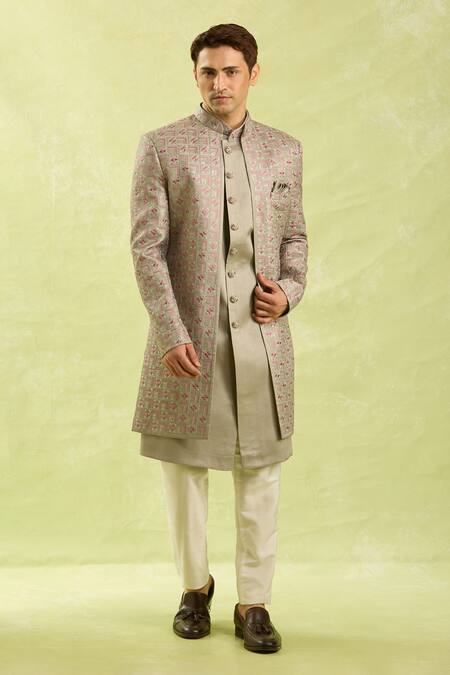 Buy Arihant Rai Sinha Gray Embroidery Grey Patterned 3 Piece Sherwani Set Buy_Arihant Rai Sinha_Gray Embroidery Grey Patterned 3 Piece Sherwani Set