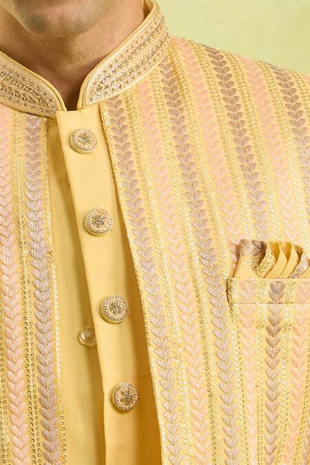 Arihant Rai Sinha_Yellow Silk Embroidery Art Sherwani With Pant Set _Online_at_Aza_Fashions