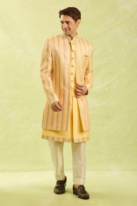 Shop_Arihant Rai Sinha_Yellow Silk Embroidery Art Sherwani With Pant Set _Online_at_Aza_Fashions