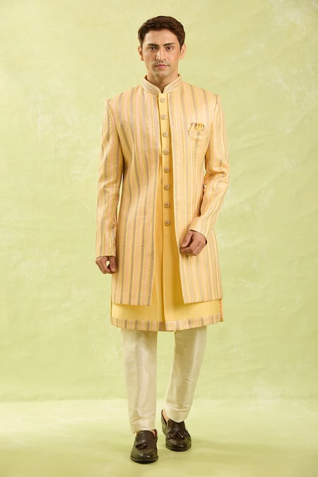 Arihant Rai Sinha_Yellow Silk Embroidery Art Sherwani With Pant Set _at_Aza_Fashions