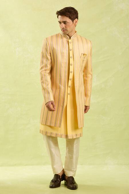 Buy_Arihant Rai Sinha_Yellow Silk Embroidery Art Sherwani With Pant Set 