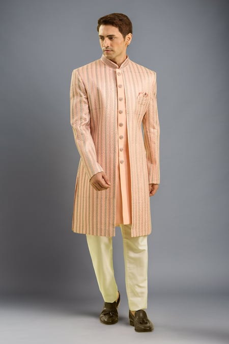 Arihant Rai Sinha Peach Striped Sherwani & Off White Pants 