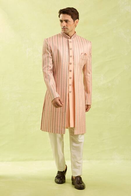 Arihant Rai Sinha Peach Embroidery Striped Sherwani And Off White Pants Online at Aza Fashions Arihant Rai Sinha_Peach Embroidery Striped Sherwani And Off White Pants _Online_at_Aza_Fashions