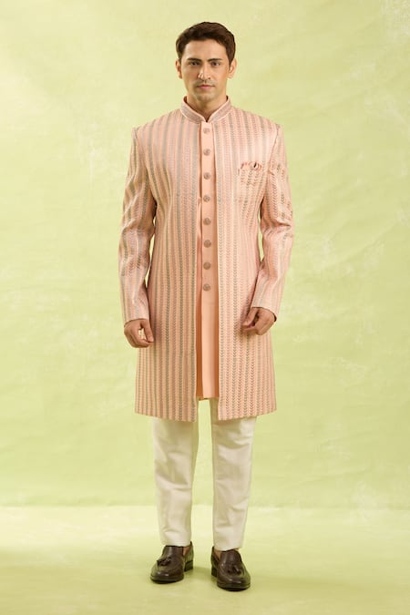 Buy Arihant Rai Sinha Peach Embroidery Striped Sherwani And Off White Pants Online at Aza Fashions Buy_Arihant Rai Sinha_Peach Embroidery Striped Sherwani And Off White Pants _Online_at_Aza_Fashions
