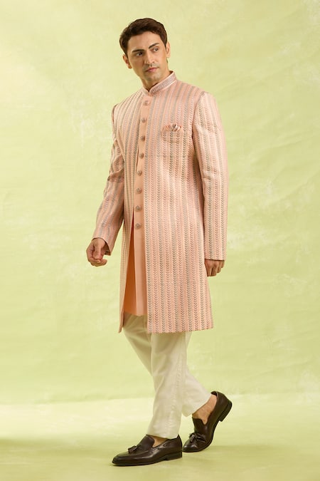 Buy Arihant Rai Sinha Peach Embroidery Striped Sherwani And Off White Pants Buy_Arihant Rai Sinha_Peach Embroidery Striped Sherwani And Off White Pants