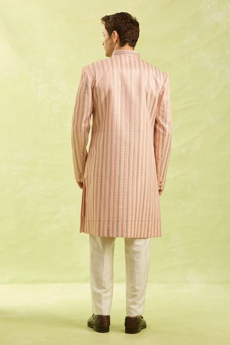 Arihant Rai Sinha Peach Striped Sherwani & Off White Pants 