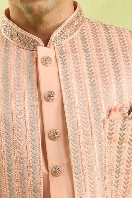 Shop Arihant Rai Sinha Peach Embroidery Striped Sherwani And Off White Pants Shop_Arihant Rai Sinha_Peach Embroidery Striped Sherwani And Off White Pants