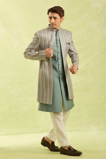 Shop_Arihant Rai Sinha_Gray Silk Dark 2-piece Sherwani Set _Online_at_Aza_Fashions