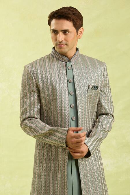 Arihant Rai Sinha_Gray Silk Dark 2-piece Sherwani Set _at_Aza_Fashions