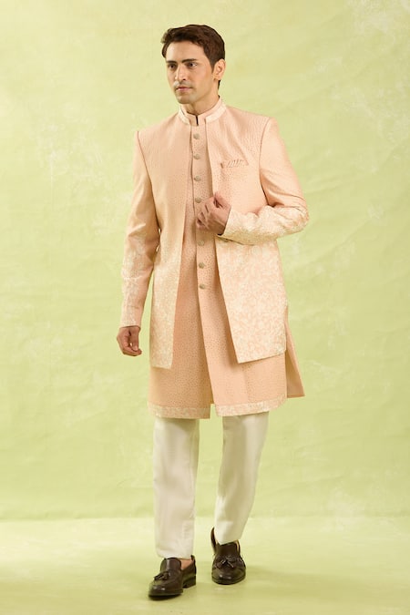Arihant Rai Sinha Peach Pattern Sherwani Set 