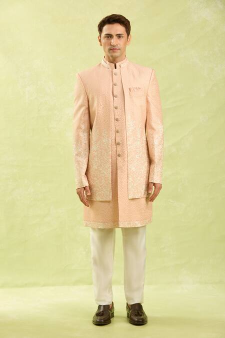 Shop_Arihant Rai Sinha_Peach Embroidery Pattern Sherwani Set _Online_at_Aza_Fashions