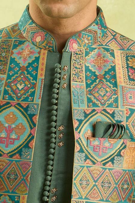 Arihant Rai Sinha_Multi Color Embroidery Jacquard Art Silk Jacket Set_Online_at_Aza_Fashions