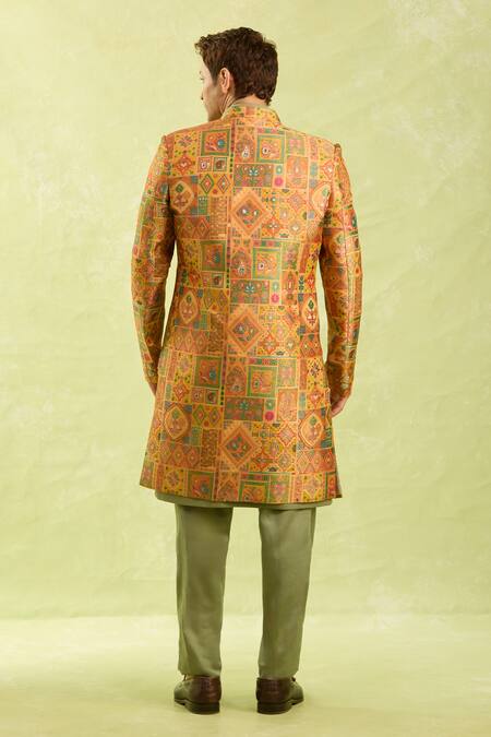 Shop Arihant Rai Sinha Multi Color Embroidery Geometric Woven Sherwani Set at Aza Fashions Shop_Arihant Rai Sinha_Multi Color Embroidery Geometric Woven Sherwani Set_at_Aza_Fashions
