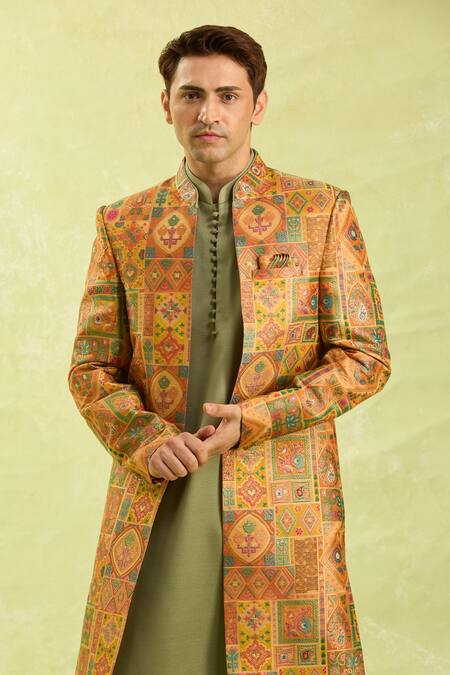Shop Arihant Rai Sinha Multi Color Embroidery Geometric Woven Sherwani Set Online at Aza Fashions Shop_Arihant Rai Sinha_Multi Color Embroidery Geometric Woven Sherwani Set_Online_at_Aza_Fashions